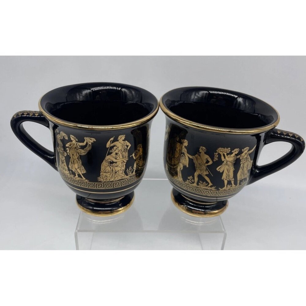 24K Gold on Black ST Greek Gods & Goddesses Cup Pair Handmade in Greece 8 Oz EUC